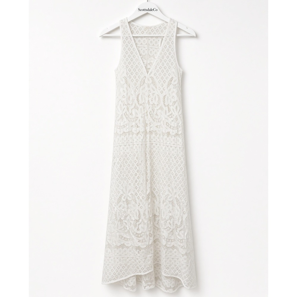 Love Stitch Lace Maxi Dress Womens M Ivory White Boho Racerback High Low Wedding